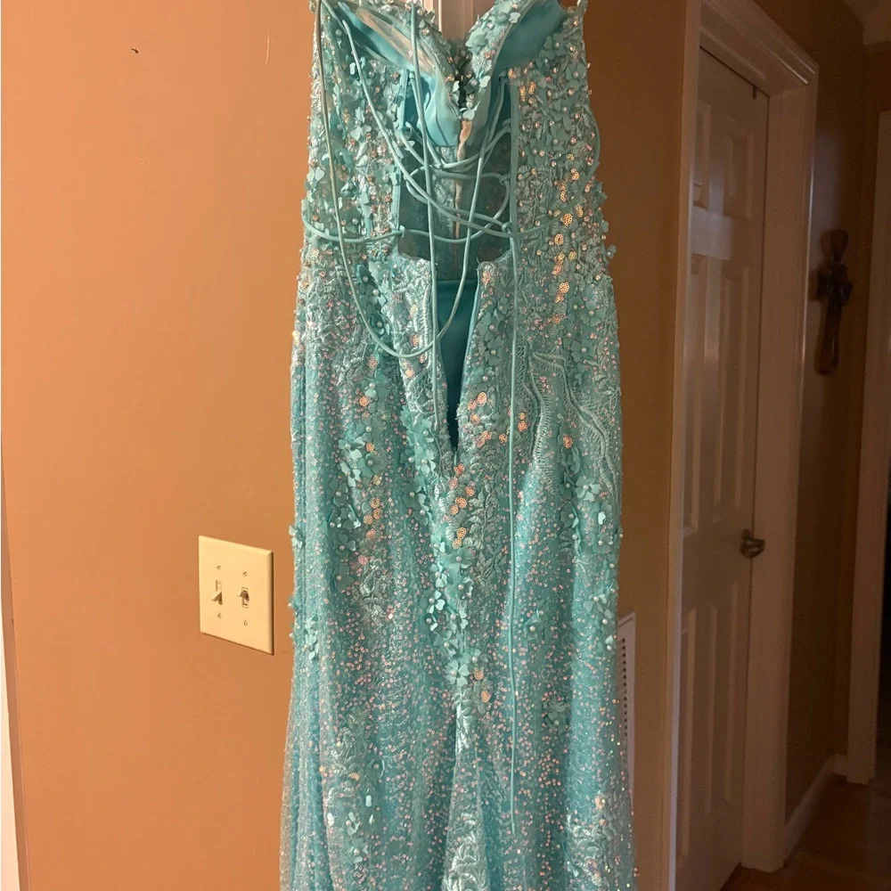 Rachel Allan Blue Sequin Gown with Slit for Prom - Picture 3 of 3